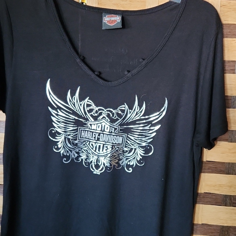 Harley Davidson Black Silver Foil V-Neck Graphic Tee